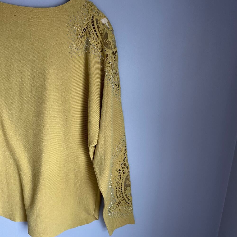 Liv Milano Gem Sweater Mustard Yellow Lace and Bead Embellishments Size Large - Picture 7 of 9